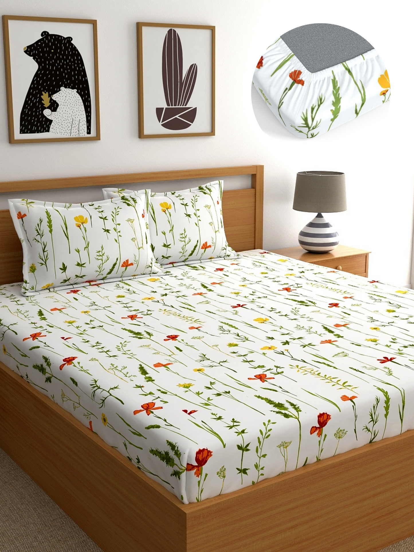 Home Ecstasy 100% Cotton 140 TC Floral Bedsheet Set - Colour: White