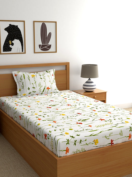 Home Ecstasy 100% Cotton 140 TC Floral Fitted Bedsheet Set - Colour: White