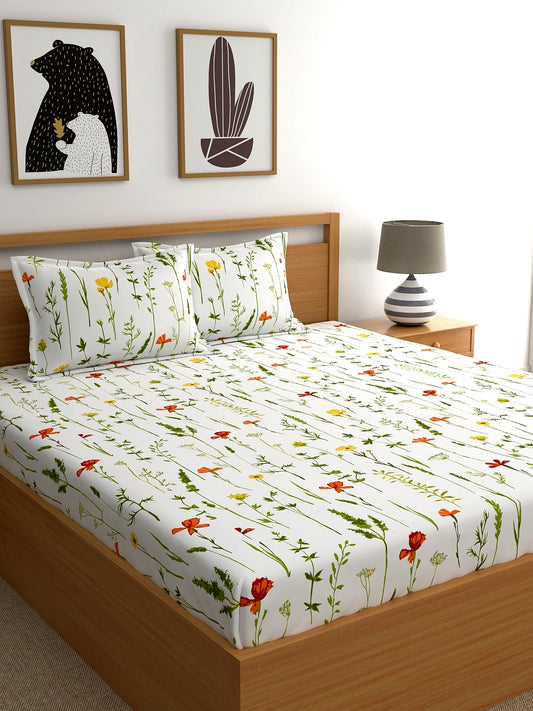 Home Ecstasy 100% Cotton 140 TC Floral Bedsheet Set - Colour: White