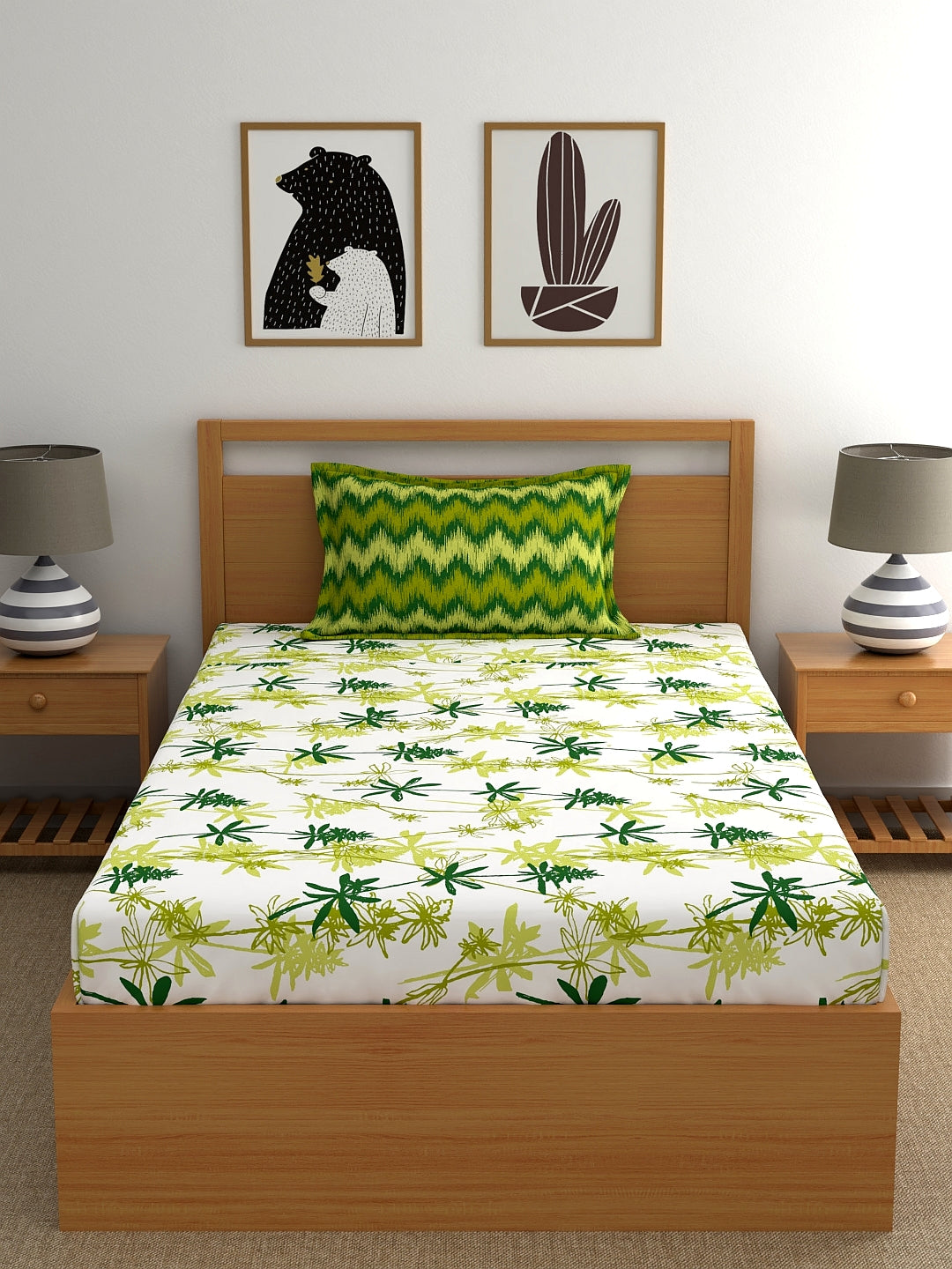 Home Ecstasy 100% Cotton Floral Bedsheet Set | 140 TC | Green