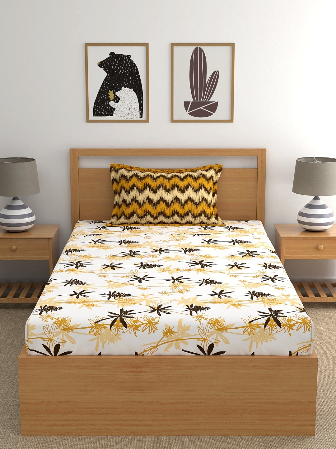 Home Ecstasy 100% Cotton Floral Bedsheet Set | 140 TC | Mustard