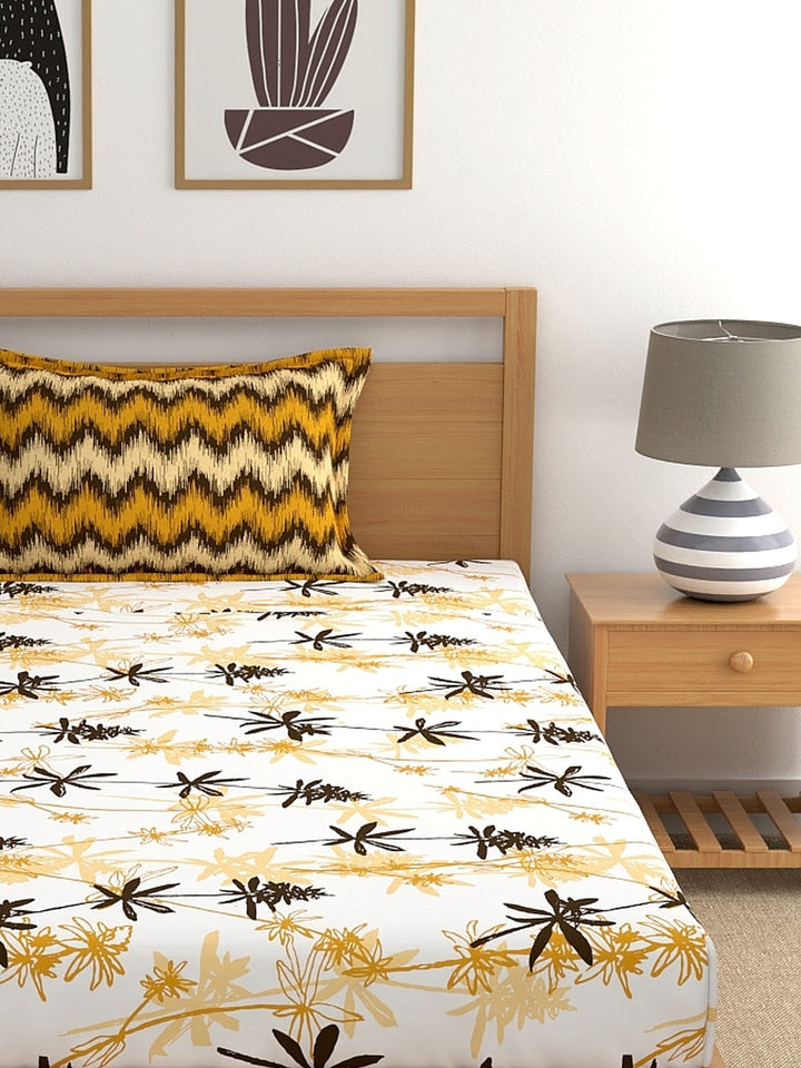 Home Ecstasy 100% Cotton Floral Bedsheet Set | 140 TC | Mustard