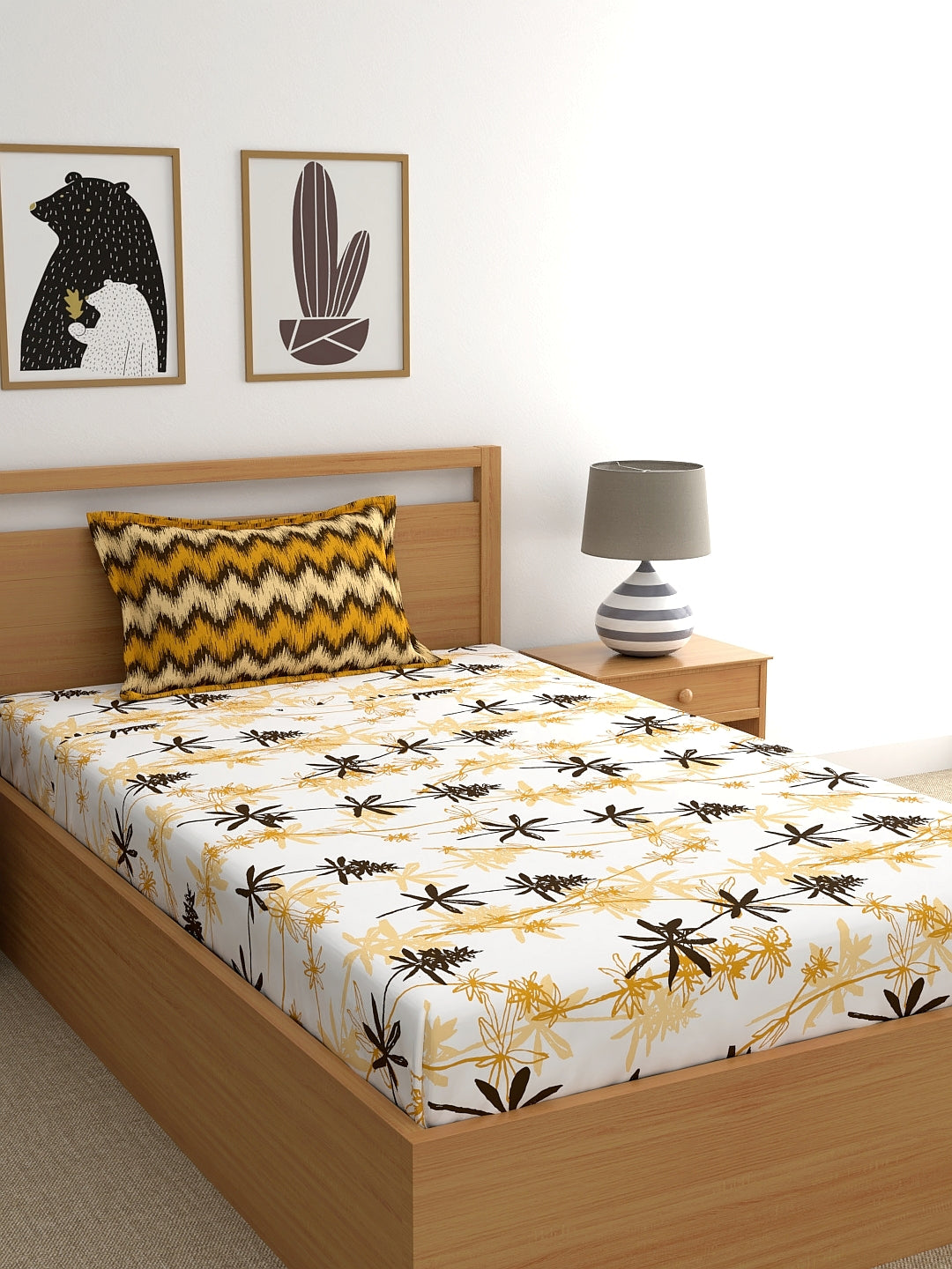 Home Ecstasy 100% Cotton Floral Bedsheet Set | 140 TC | Mustard