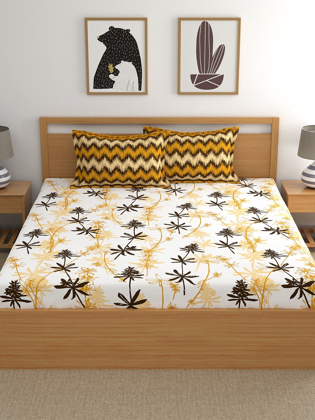 Home Ecstasy 100% Cotton Floral Bedsheet Set | 140 TC | Mustard