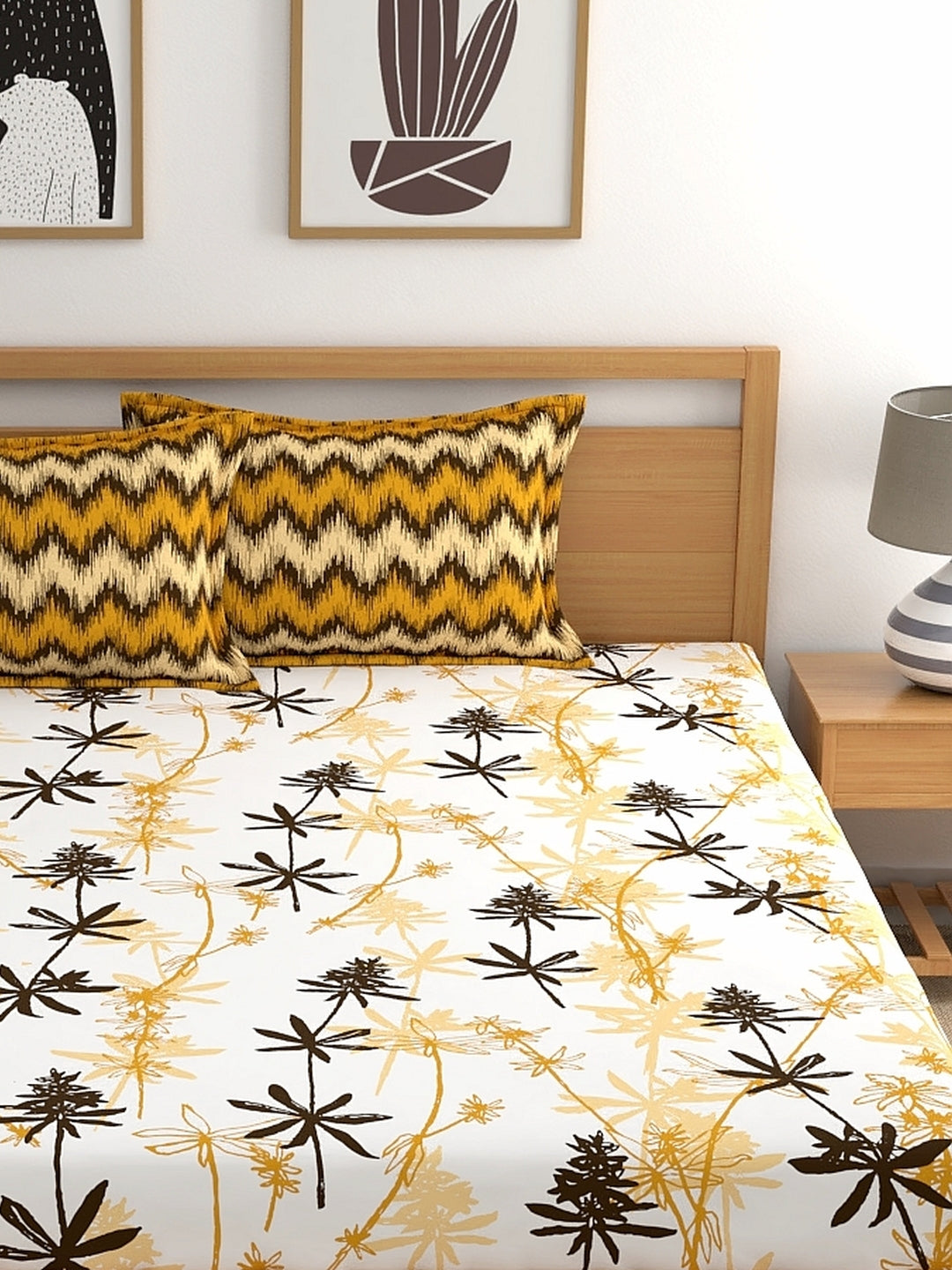Home Ecstasy 100% Cotton Floral Bedsheet Set | 140 TC | Mustard