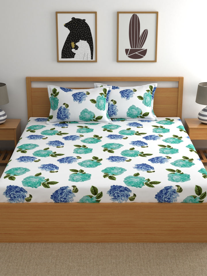 Home Ecstasy 100% Cotton Floral Bedsheet Set | 140 TC | White