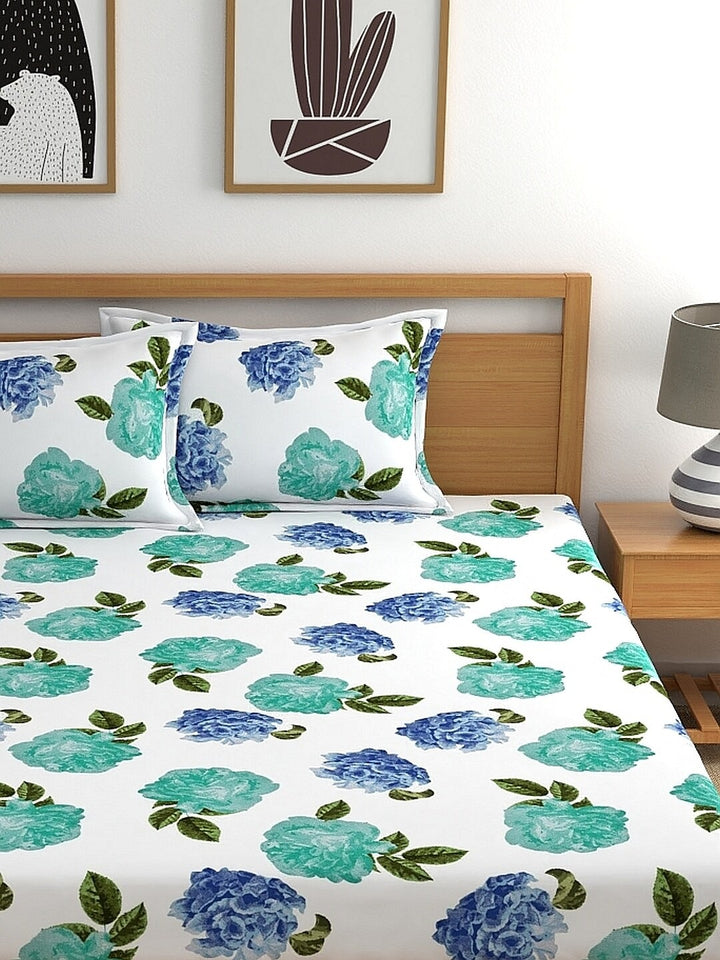 Home Ecstasy 100% Cotton Floral Bedsheet Set | 140 TC | White