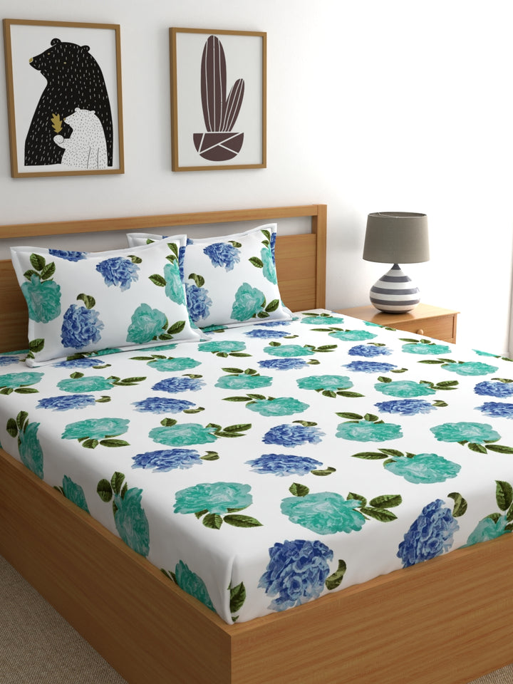 Home Ecstasy 100% Cotton Floral Bedsheet Set | 140 TC | White