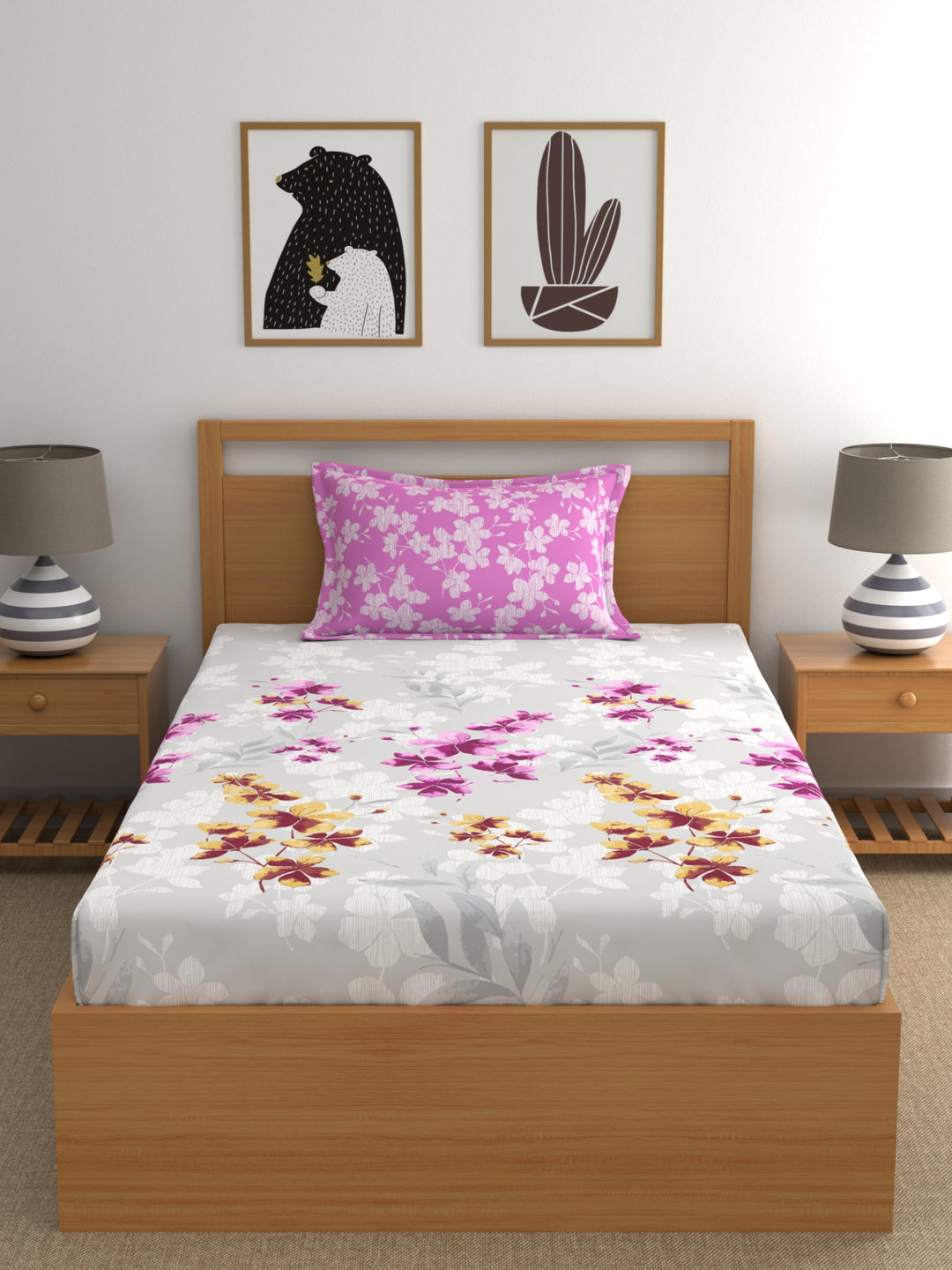 Home Ecstasy 100% Cotton Floral Bedsheet Set | 140 TC | Light Pink