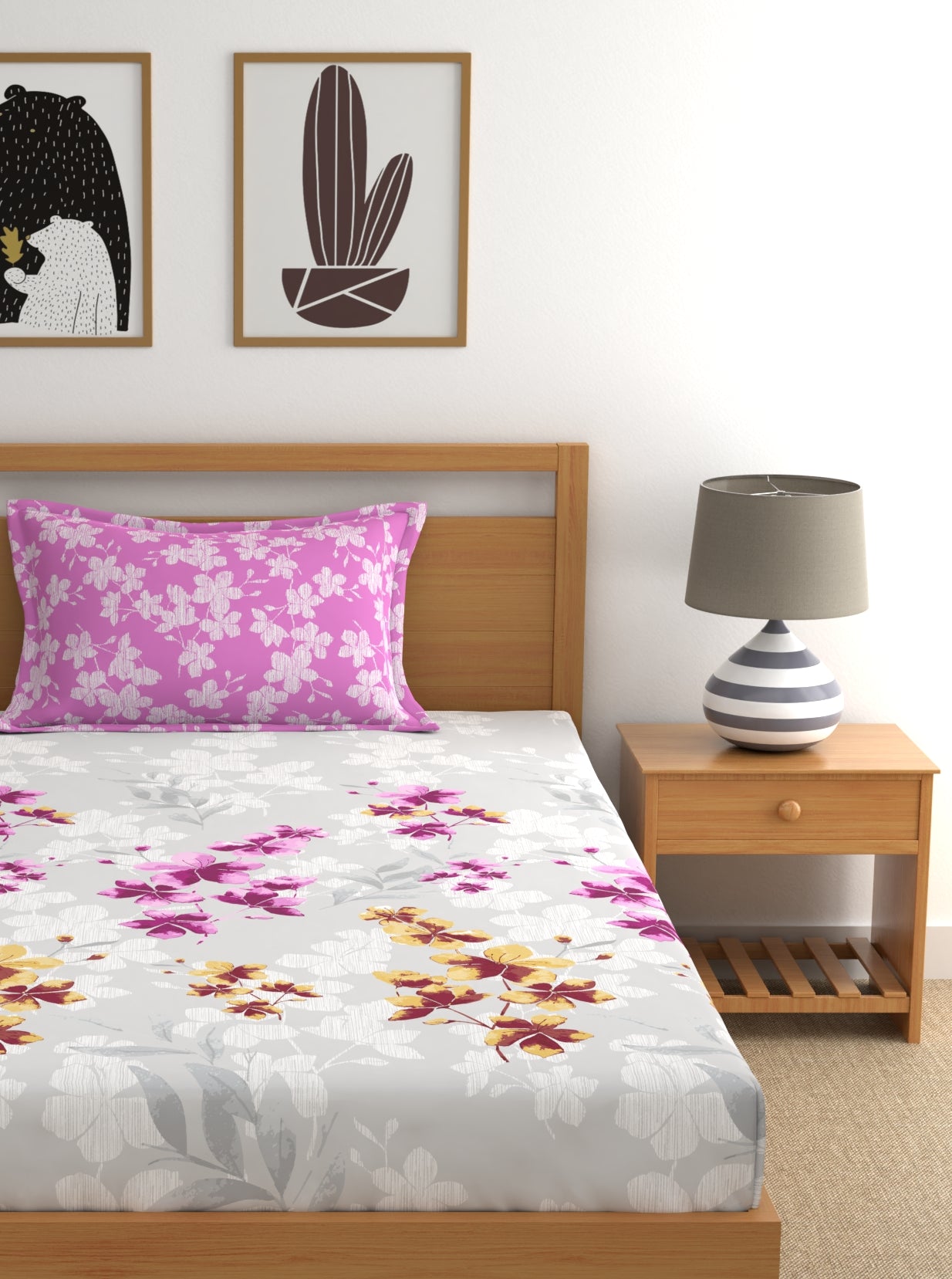 Home Ecstasy 100% Cotton Floral Bedsheet Set | 140 TC | Light Pink