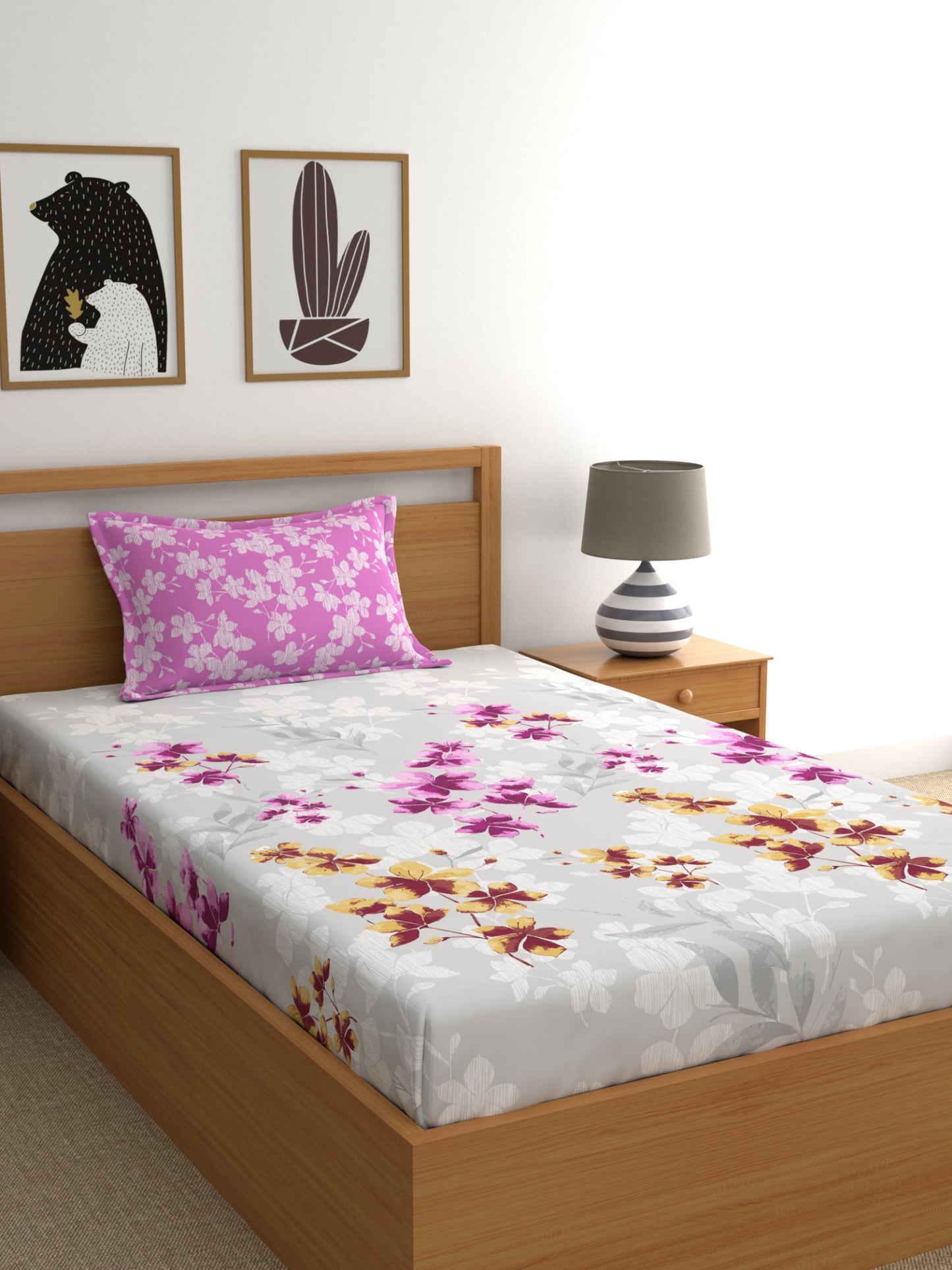 Home Ecstasy 100% Cotton Floral Bedsheet Set | 140 TC | Light Pink