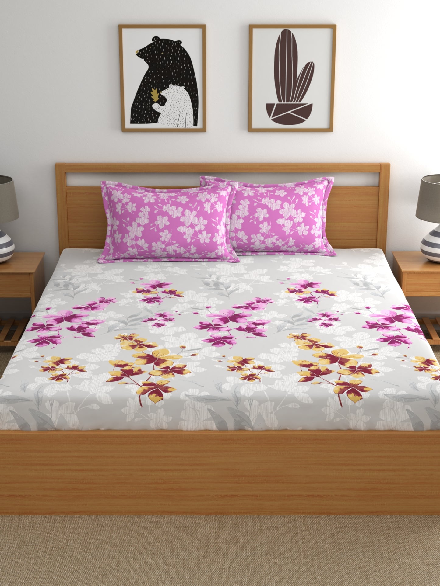 Home Ecstasy 100% Cotton Floral Bedsheet Set | 140 TC | Light Pink