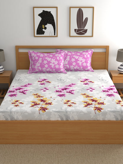 Home Ecstasy 100% Cotton Floral Bedsheet Set | 140 TC | Light Pink