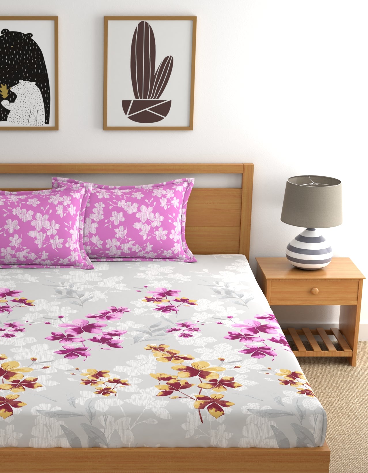 Home Ecstasy 100% Cotton Floral Bedsheet Set | 140 TC | Light Pink