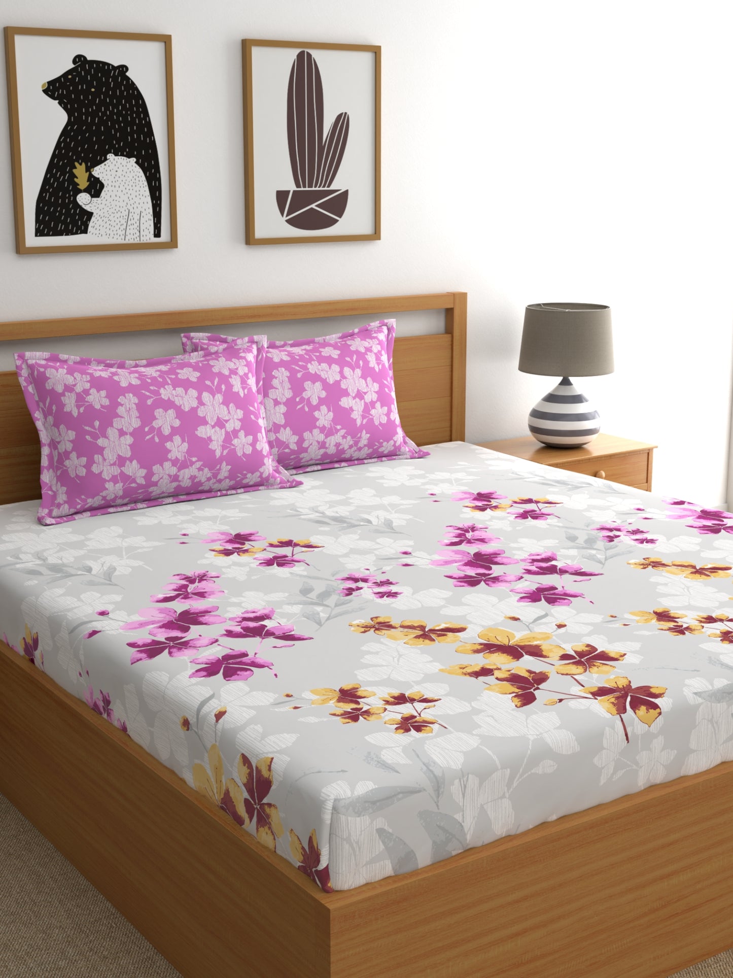 Home Ecstasy 100% Cotton Floral Bedsheet Set | 140 TC | Light Pink