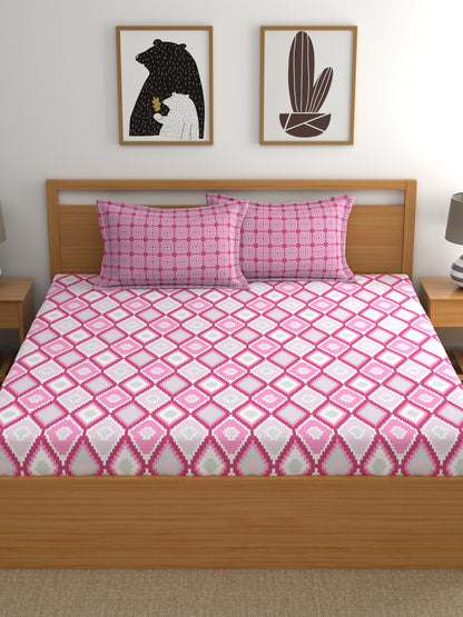 Home Ecstasy 100% Cotton Geometric Bedsheet Set | 140 TC | Light Pink