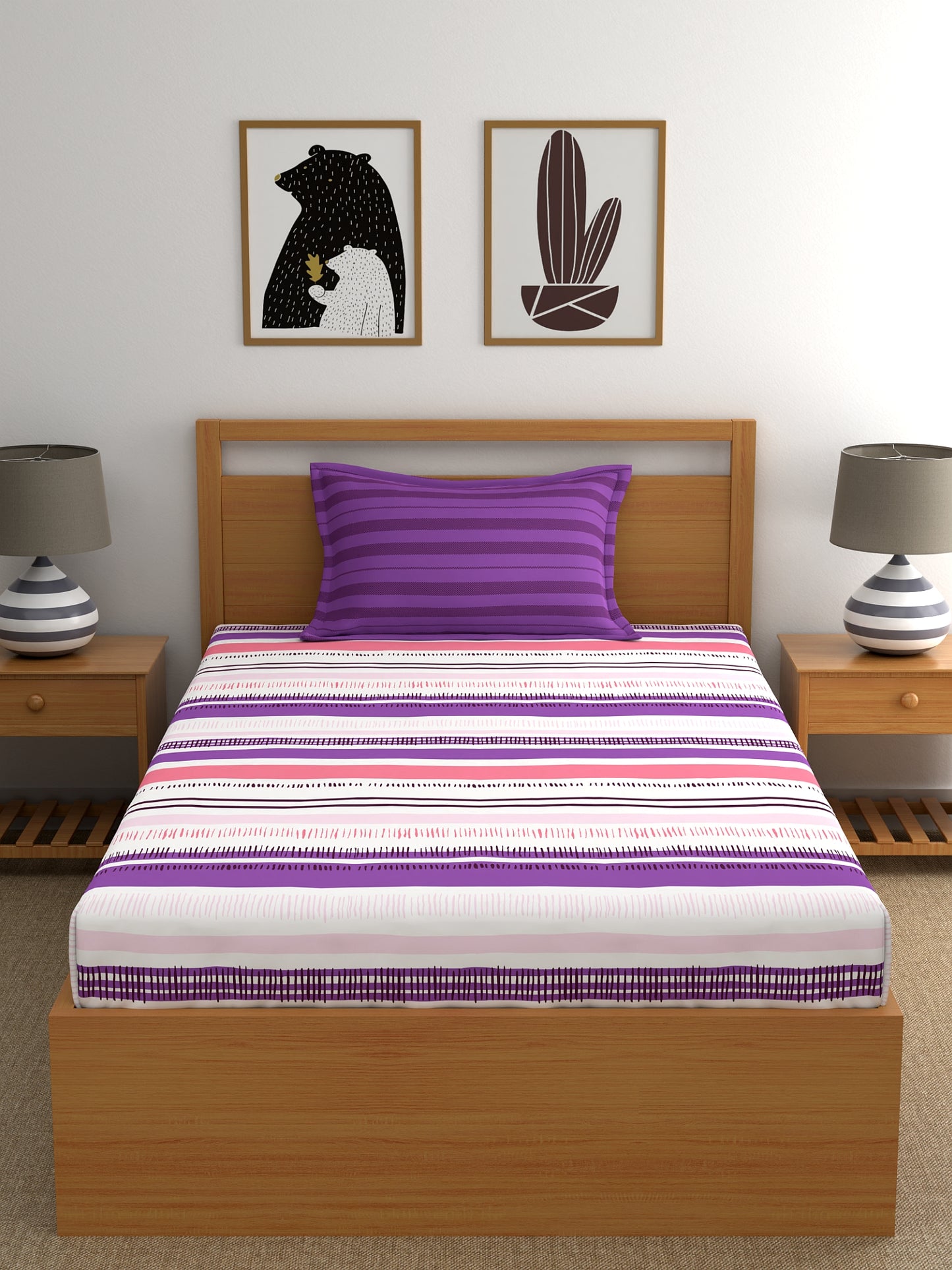Home Ecstasy 100% Cotton Stripe Bedsheet Set | 140 TC | Purple