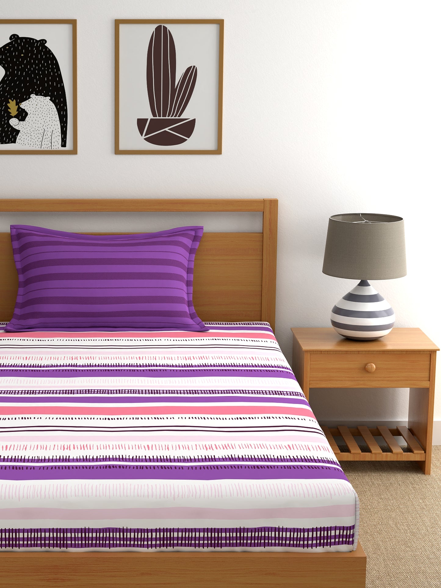 Home Ecstasy 100% Cotton Stripe Bedsheet Set | 140 TC | Pink