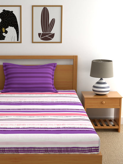Home Ecstasy 100% Cotton Stripe Bedsheet Set | 140 TC | Pink