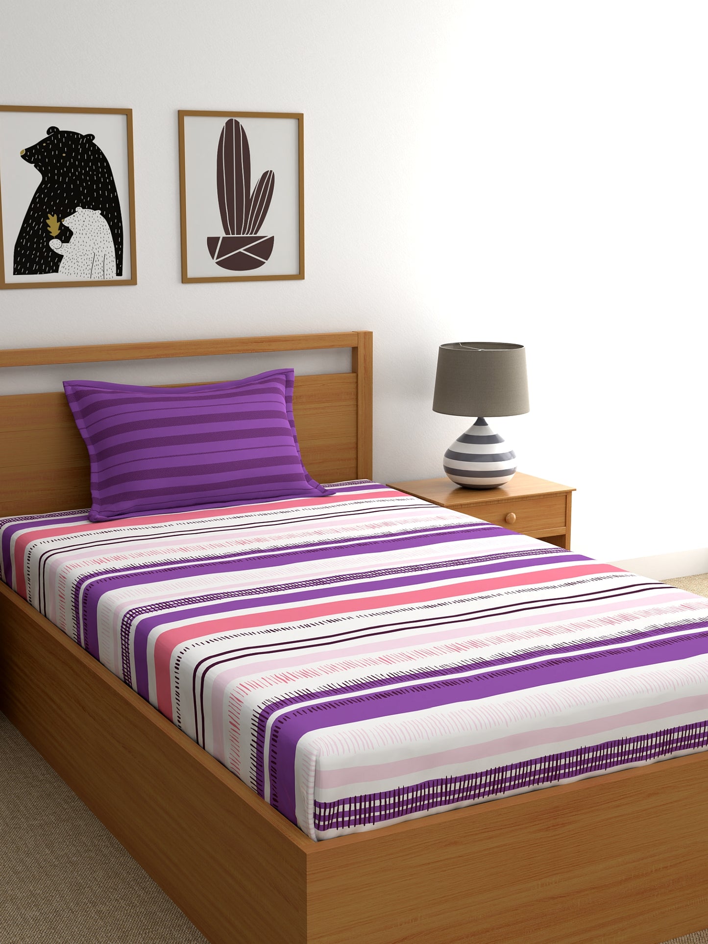 Home Ecstasy 100% Cotton Stripe Bedsheet Set | 140 TC | Purple