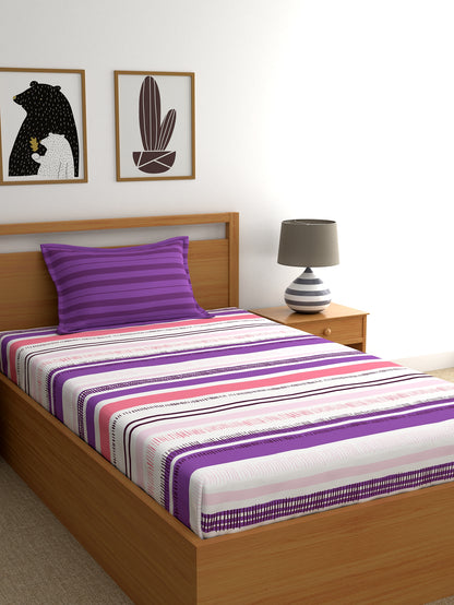 Home Ecstasy 100% Cotton Stripe Bedsheet Set | 140 TC | Purple