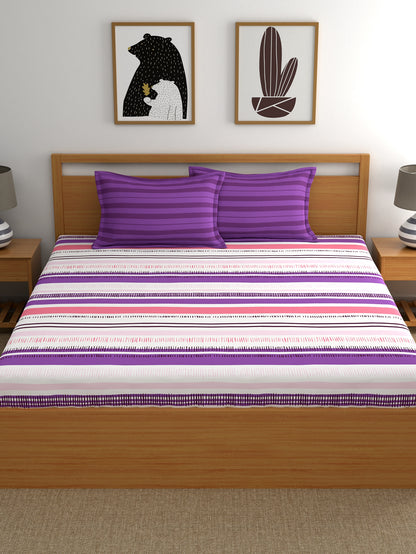 Home Ecstasy 100% Cotton Stripe Bedsheet Set | 140 TC | Purple
