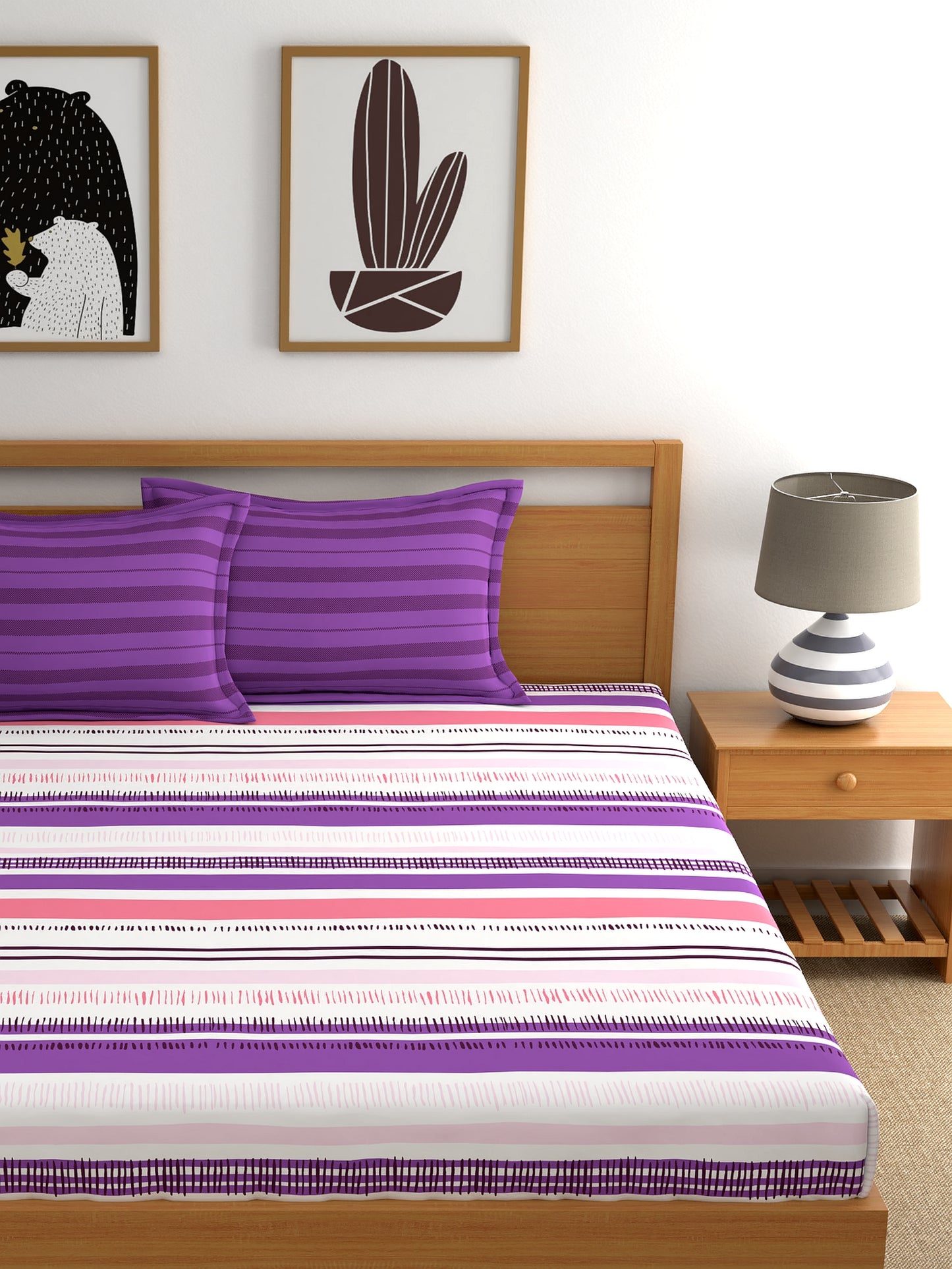 Home Ecstasy 100% Cotton Stripe Bedsheet Set | 140 TC | Purple
