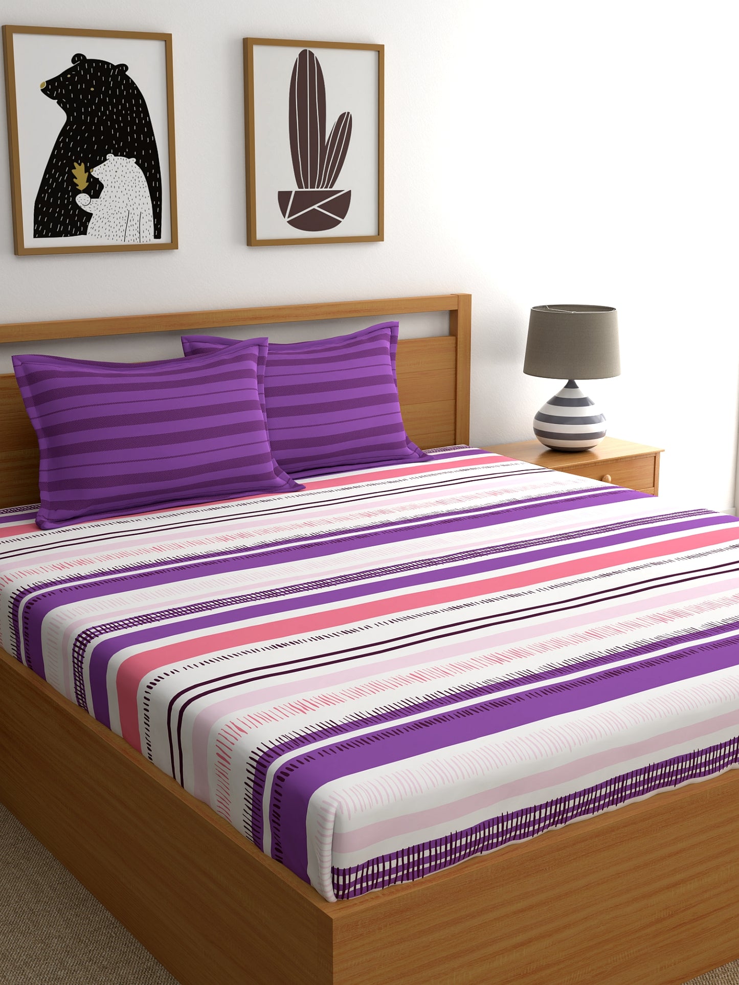 Home Ecstasy 100% Cotton Stripe Bedsheet Set | 140 TC | Purple