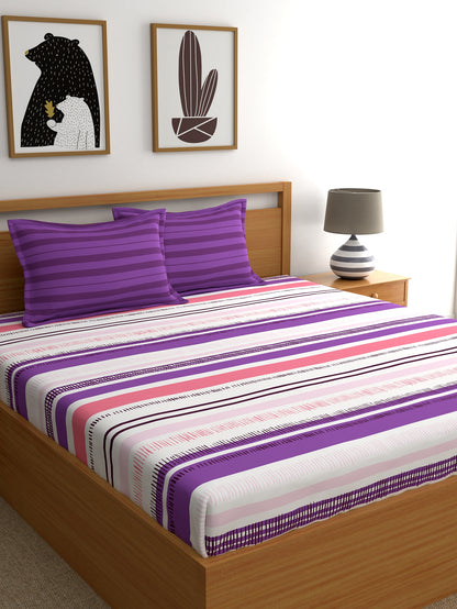 Home Ecstasy 100% Cotton Stripe Bedsheet Set | 140 TC | Purple