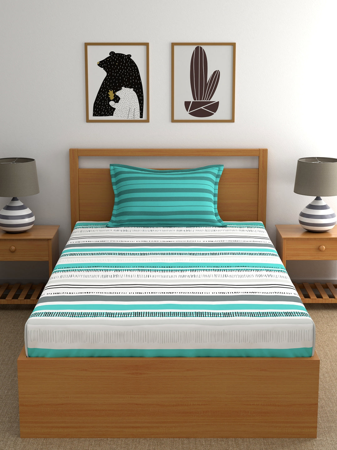 Home Ecstasy 100% Cotton Stripe Bedsheet Set | 140 TC | Teal Green