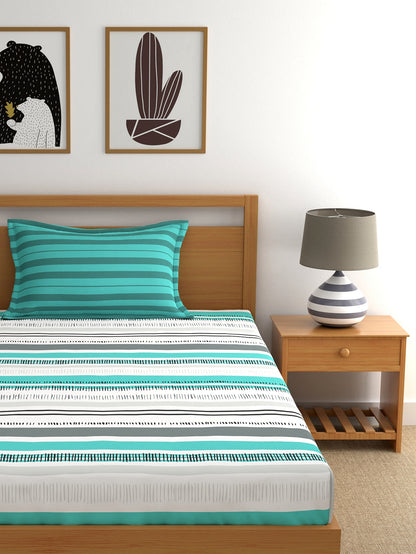 Home Ecstasy 100% Cotton Stripe Bedsheet Set | 140 TC | Teal Green