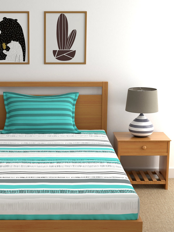 Home Ecstasy 100% Cotton Stripe Bedsheet Set | 140 TC | Teal Green