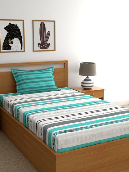 Home Ecstasy 100% Cotton Stripe Bedsheet Set | 140 TC | Teal Green
