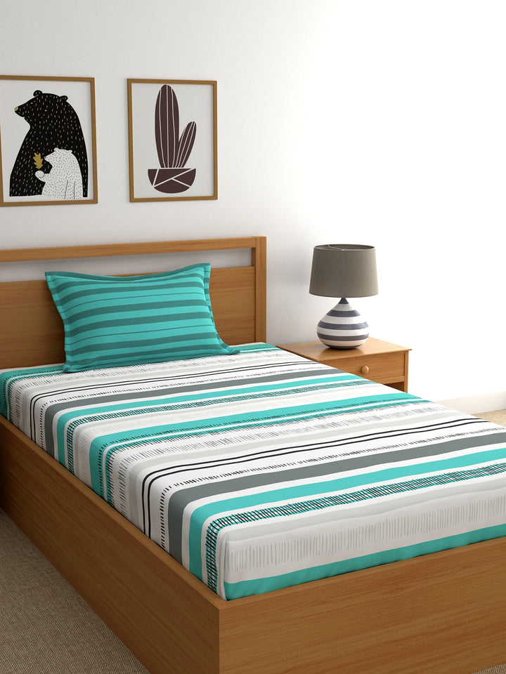 Home Ecstasy 100% Cotton Stripe Bedsheet Set | 140 TC | Teal Green