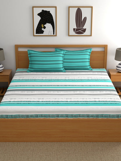 Home Ecstasy 100% Cotton Stripe Bedsheet Set | 140 TC | Teal Green