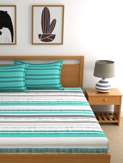 Home Ecstasy 100% Cotton Stripe Bedsheet Set | 140 TC | Teal Green