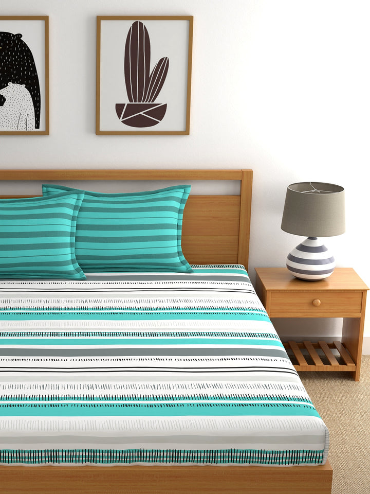 Home Ecstasy 100% Cotton Stripe Bedsheet Set | 140 TC | Teal Green