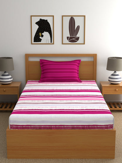 Home Ecstasy 100% Cotton Stripe Bedsheet Set | 140 TC | Pink