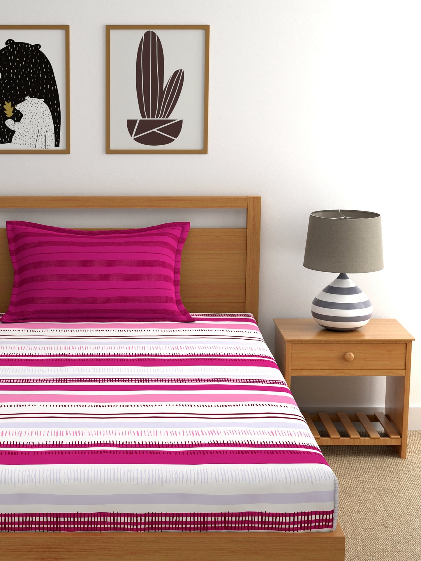 Home Ecstasy 100% Cotton Stripe Bedsheet Set | 140 TC | Pink