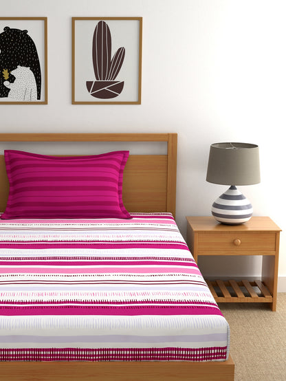 Home Ecstasy 100% Cotton Stripe Bedsheet Set | 140 TC | Pink