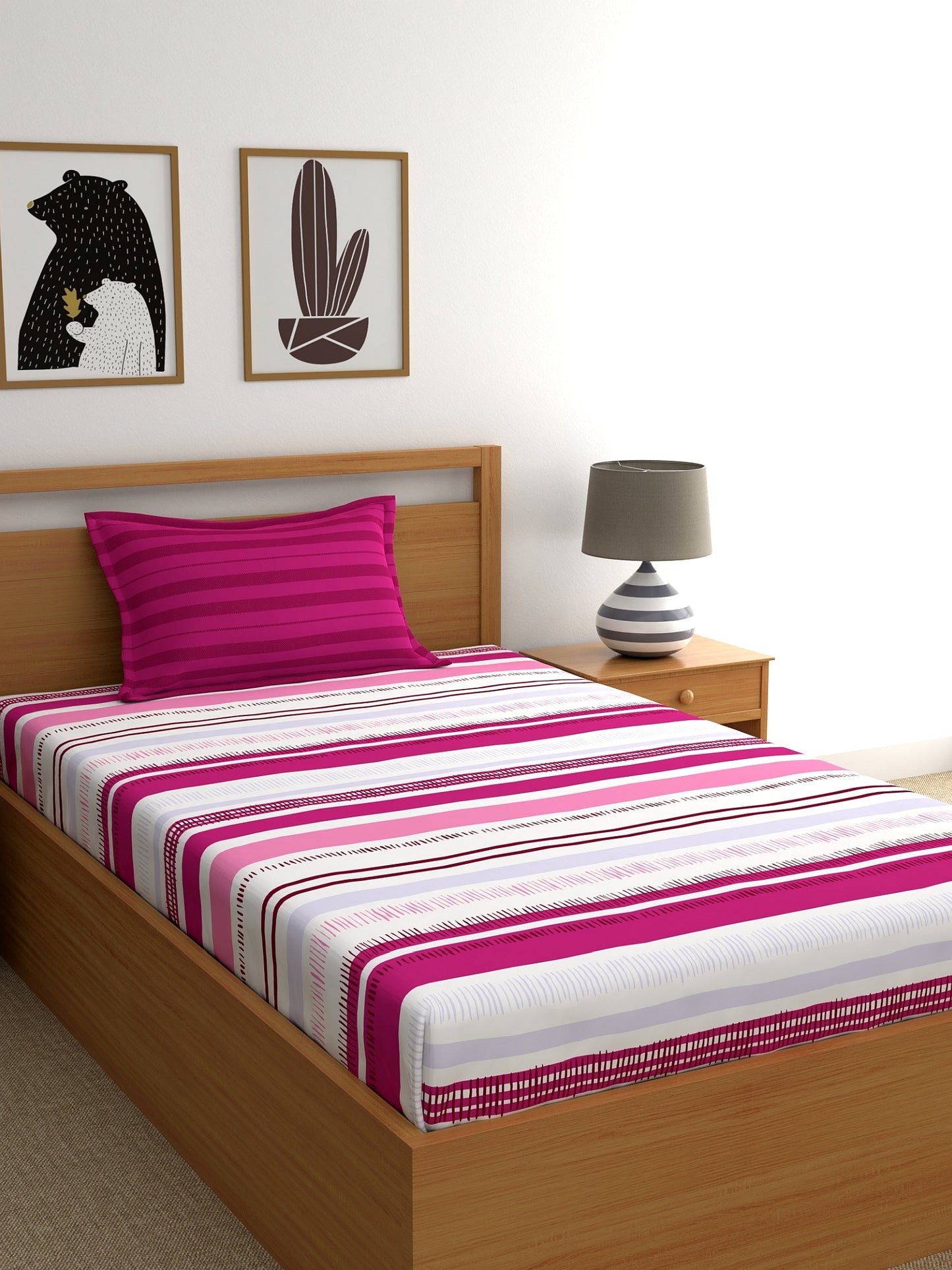Home Ecstasy 100% Cotton Stripe Bedsheet Set | 140 TC | Pink