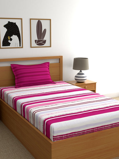Home Ecstasy 100% Cotton Stripe Bedsheet Set | 140 TC | Pink