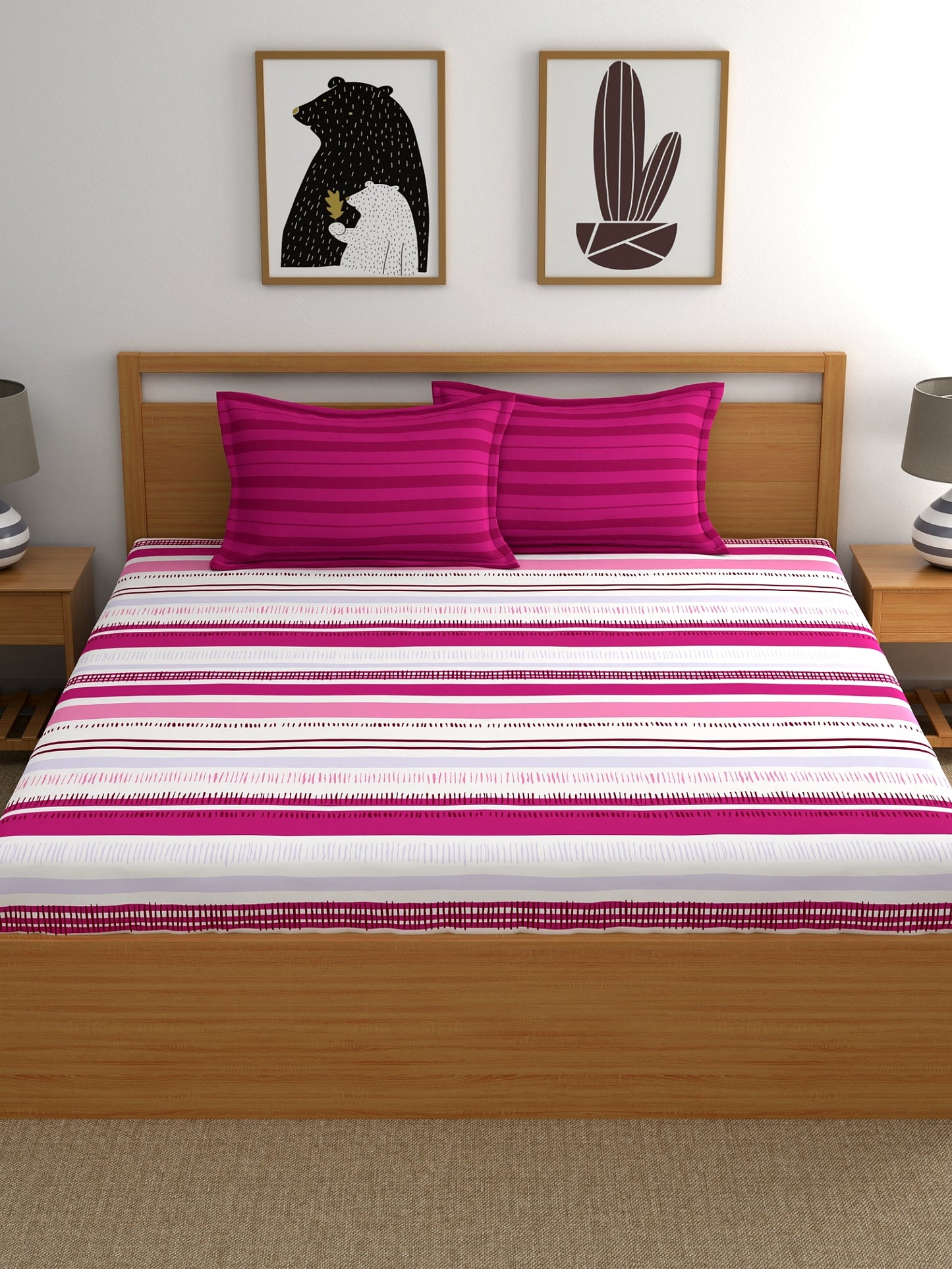 Home Ecstasy 100% Cotton Stripe Bedsheet Set | 140 TC | Pink