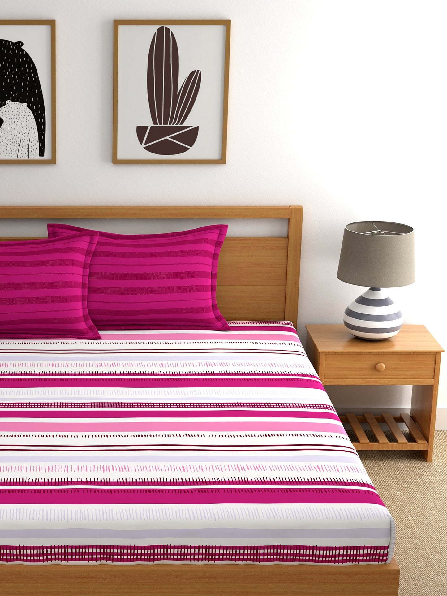 Home Ecstasy 100% Cotton Stripe Bedsheet Set | 140 TC | Pink