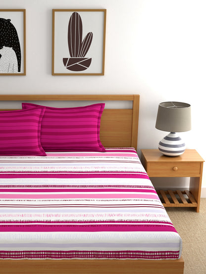 Home Ecstasy 100% Cotton Stripe Bedsheet Set | 140 TC | Pink
