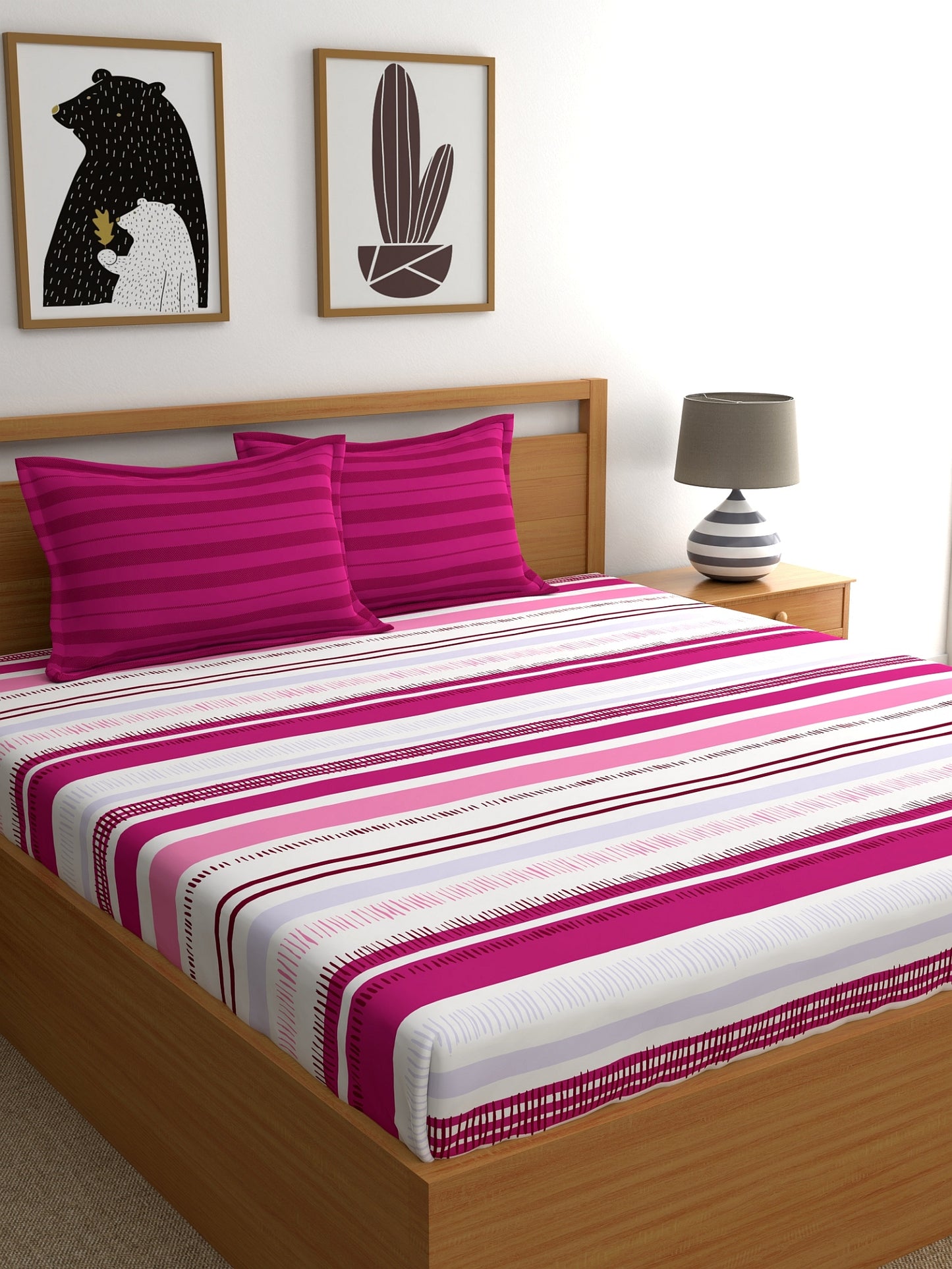 Home Ecstasy 100% Cotton Stripe Bedsheet Set | 140 TC | Pink