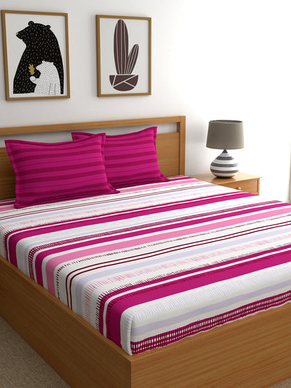 Home Ecstasy 100% Cotton Stripe Bedsheet Set | 140 TC | Pink
