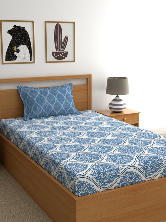 Home Ecstasy 100% Cotton 140 TC Ethnic Fitted Bedsheet Set - Colour: Blue