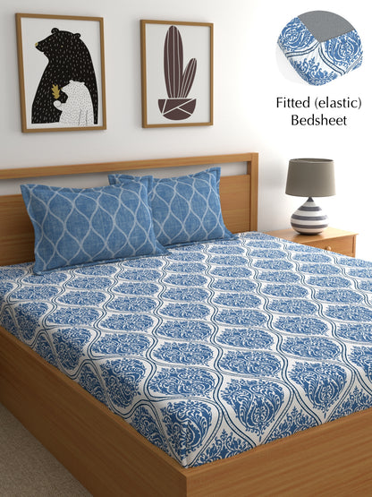 Home Ecstasy 100% Cotton 140 TC Ethnic Bedsheet Set - Colour: Blue
