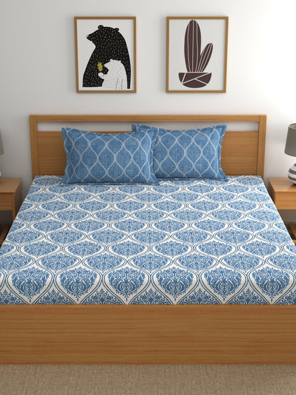 Home Ecstasy 100% Cotton Ethnic Bedsheet Set | 140 TC | Blue